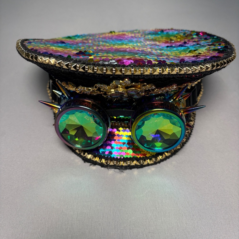 Rainbow Reversible Sequin Captain Hat with Spiked Kaleidoscope Goggles Rave Wear